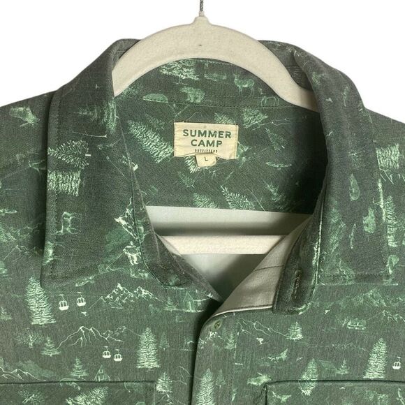 Summer Camp Mens Green Forest Toile Print Long Sleeve Button-up Shirt Large - Picture 4 of 5
